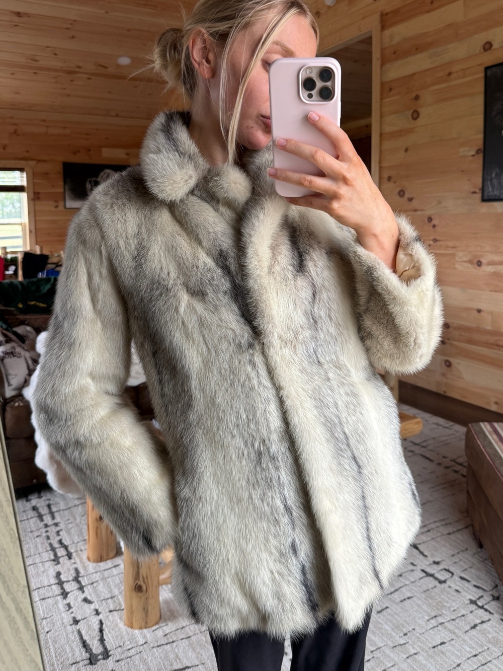 100% real cross mink fur vintage coat white mink apres ski vail Aspen winter